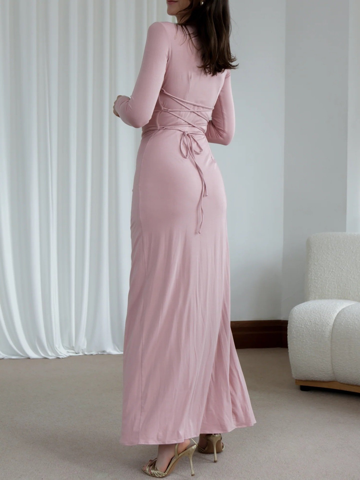 Slim-fitting Long-sleeved Asymmetric Split Dress Ins Fashion Solid Color Long Dresses For Women - Image 4