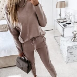 Turtle Neck Long Sleeve Fleece Trousers Two-Piece Women