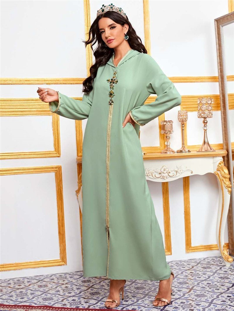 Hooded Avocado Green Dress Turkey Moroccan Seam Drill Robe Travel Dress - Image 7