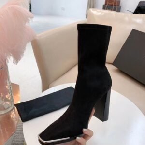 Square Toe Metal Thick Heel Mid-Tube Elastic Sock Boots