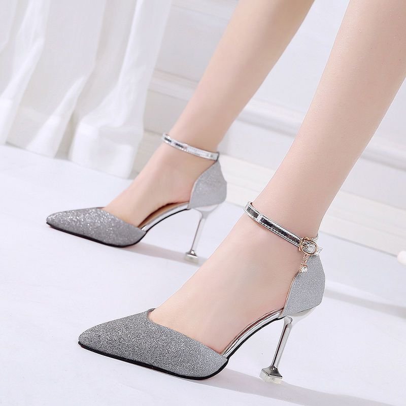 Sequin Pointed High Heels Stiletto Hollow Word Buckle Banquet Bridal Shoes - Image 2