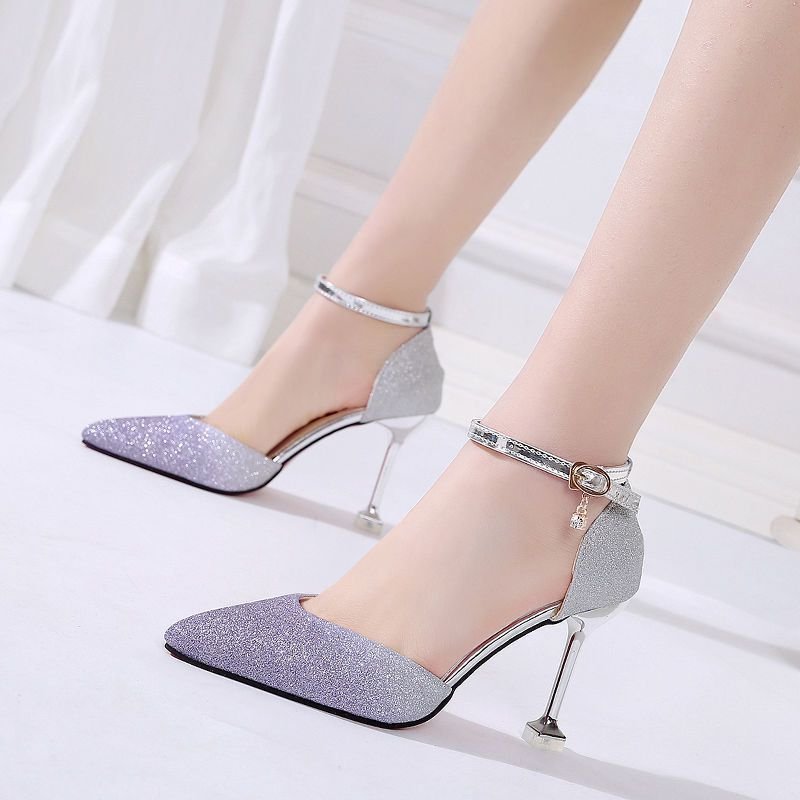 Sequin Pointed High Heels Stiletto Hollow Word Buckle Banquet Bridal Shoes - Image 3