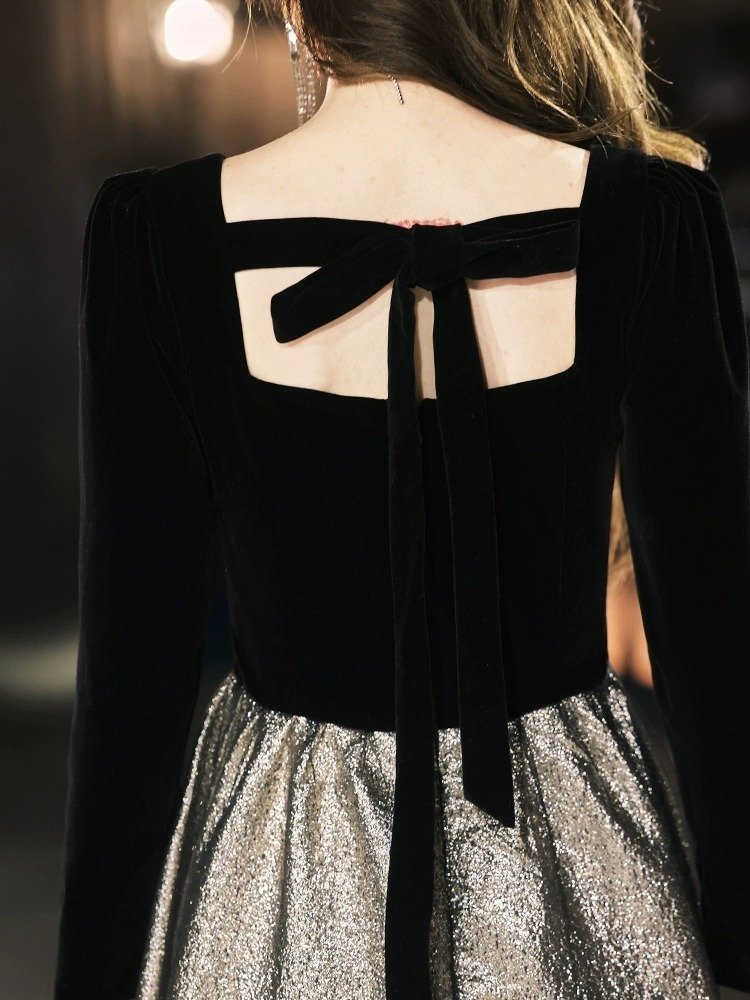 Banquet Temperament High-end Light Luxury Minority High-end Velvet Long Sleeves Black Evening Dress For Women - Image 7