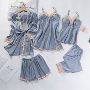 Spring Women's Summer Ice Silk Pajamas Five-piece Set