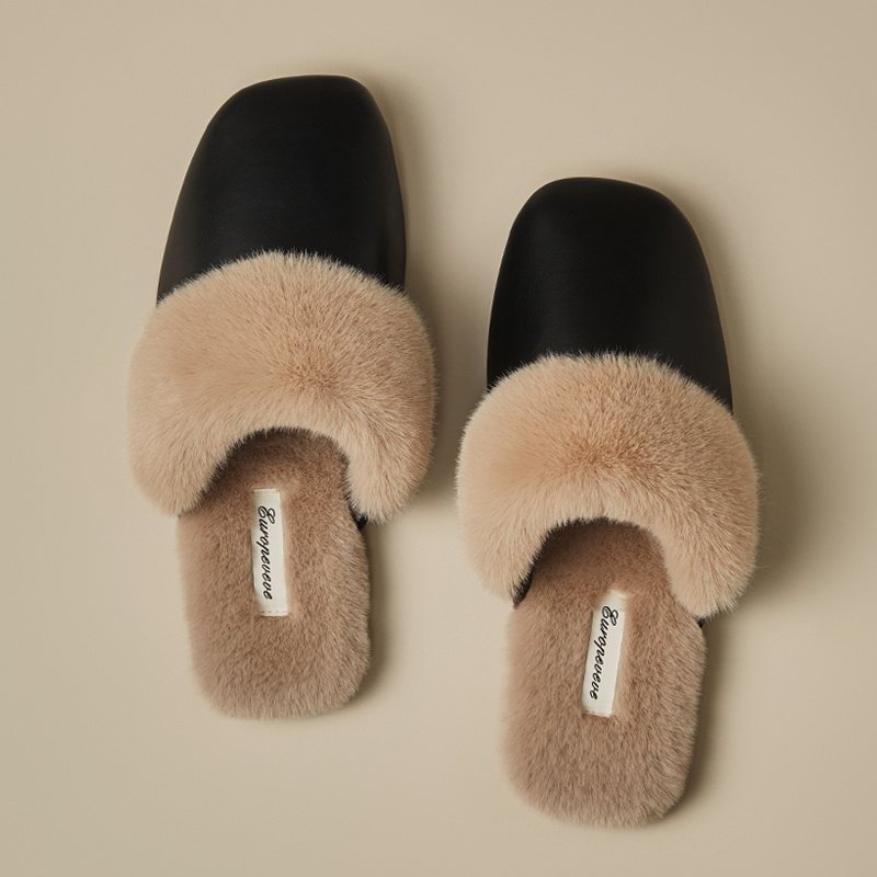Women's Black Cotton Slippers Winter Velvet Thermal Non-slip Indoor
