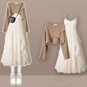 Gentle Tie With Chic Sweater And Suspender Skirt Two-piece Suit