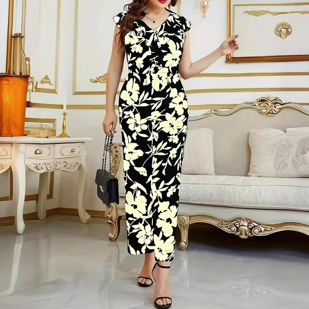 Fashion Floral Women's Printed Wear Sleeveless V-neck Pocket Jumpsuit - Image 3