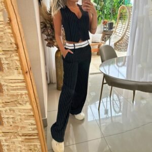 Leisure V-neck Sleeveless Striped Vest Straight Leg Pants Set