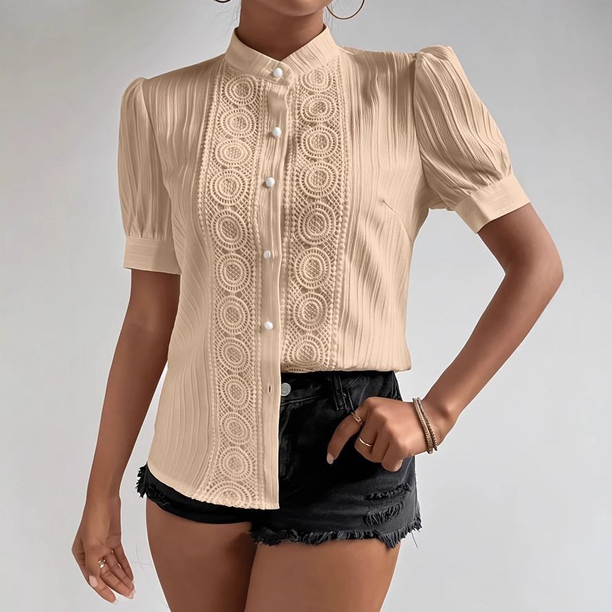 European And American Lace Patchwork Stand-up Collar Women's Top - Image 4