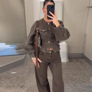 Women’s Single-Breasted Denim Suit with Wide-Leg Pants