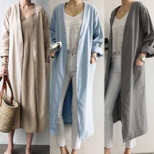 Casual cotton and linen long over-the-knee trench coat