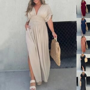 Women’s Summer V-Neck Slit Maxi Dress – Batwing Sleeves & Elastic Waist