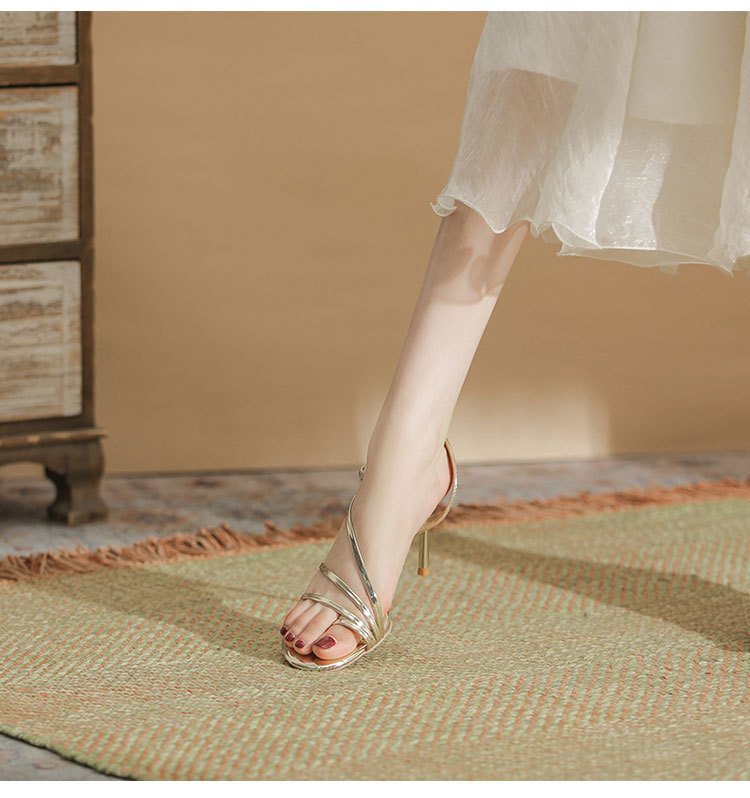 Gold Thin Heel Open Toe Round Toe High Heels - Image 7