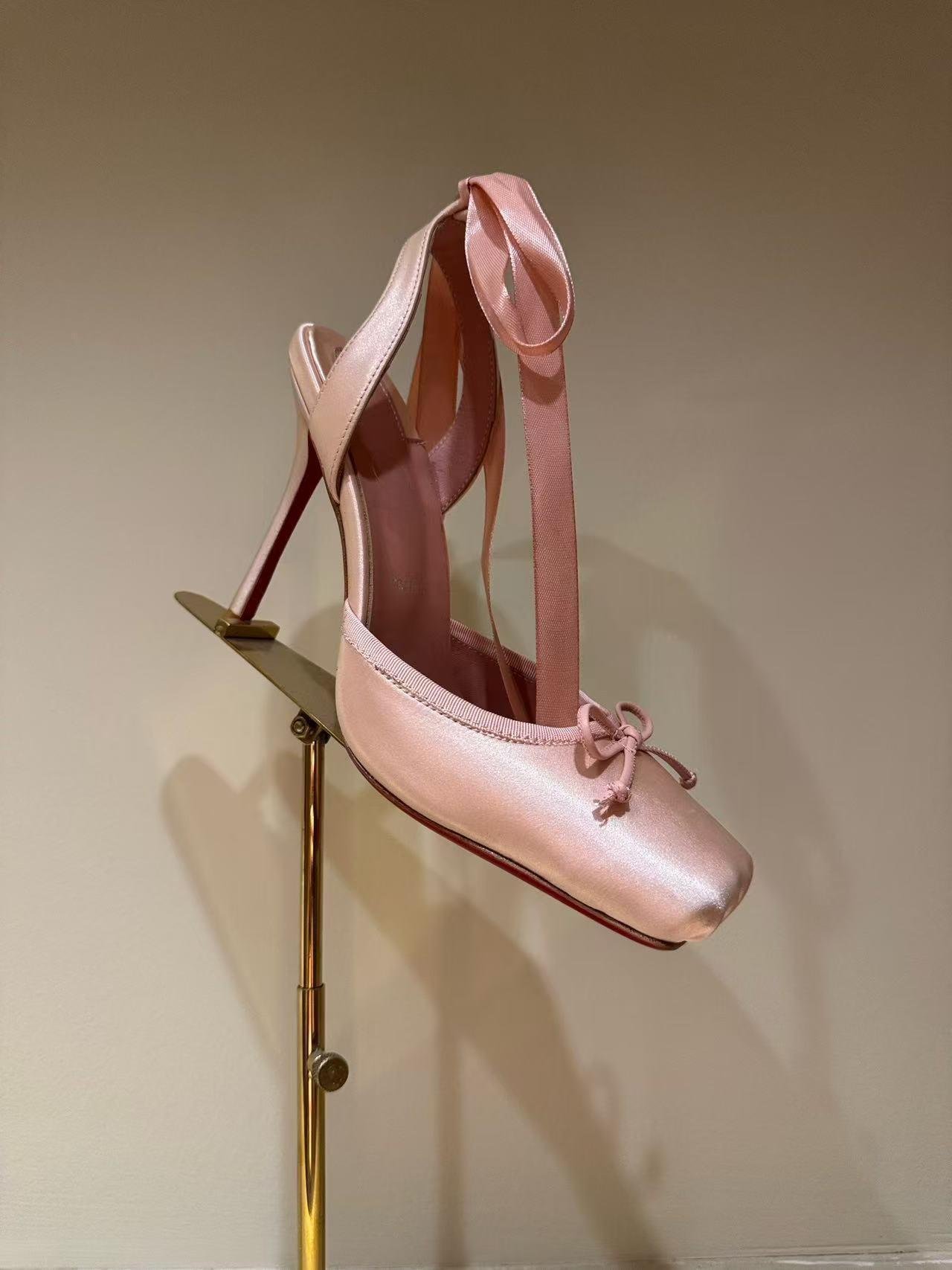 Leather Sole Women's Ballerina High Heel Shoes Fashion Satin Ribbon Toe Cap - Image 2