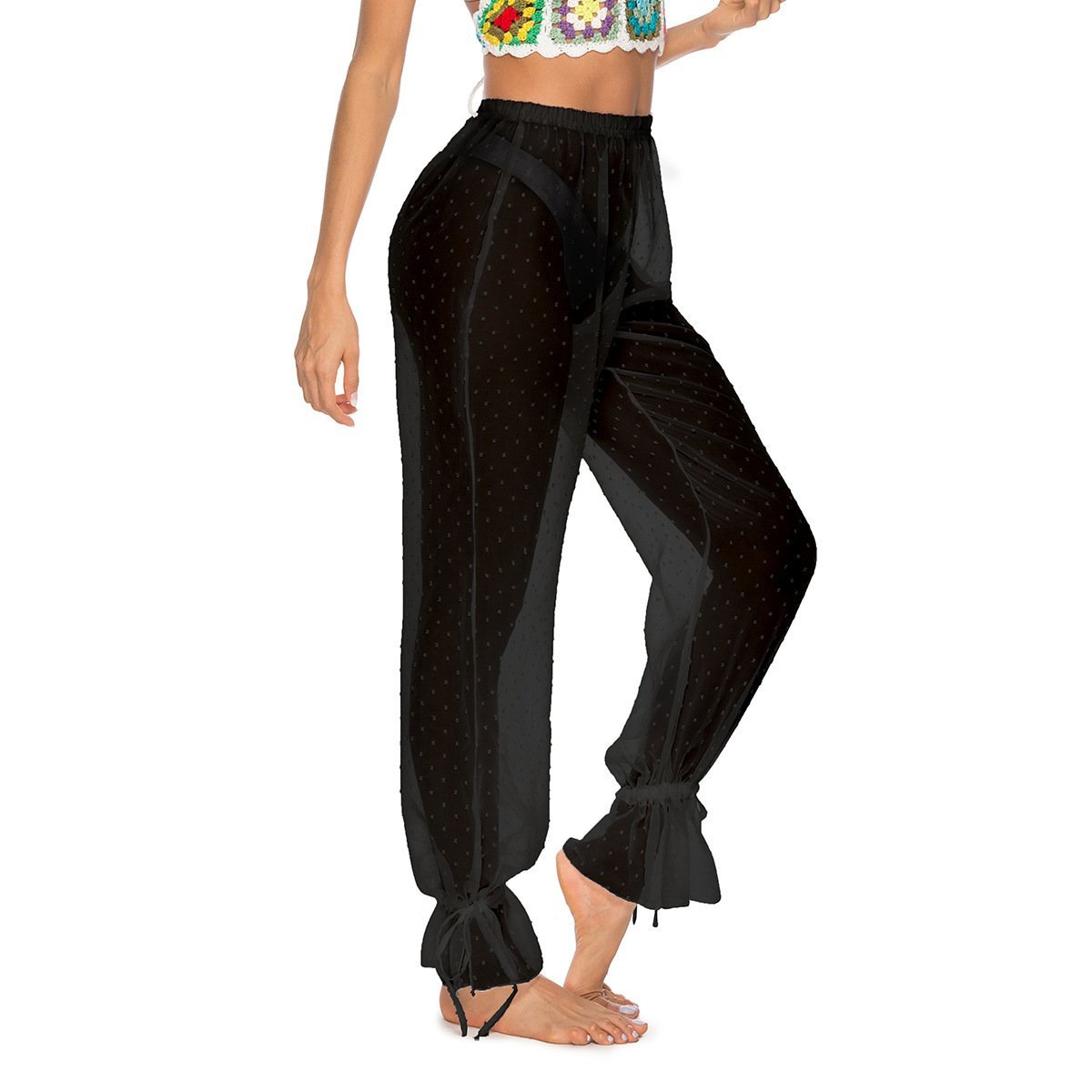 Women's Mesh Jacquard Ankle Banded Pants Slightly Transparent - Image 3