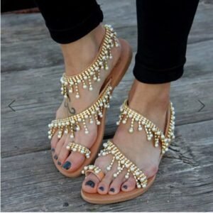 Women’s Flat Pearl Sandals – Comfortable Beaded String Slippers