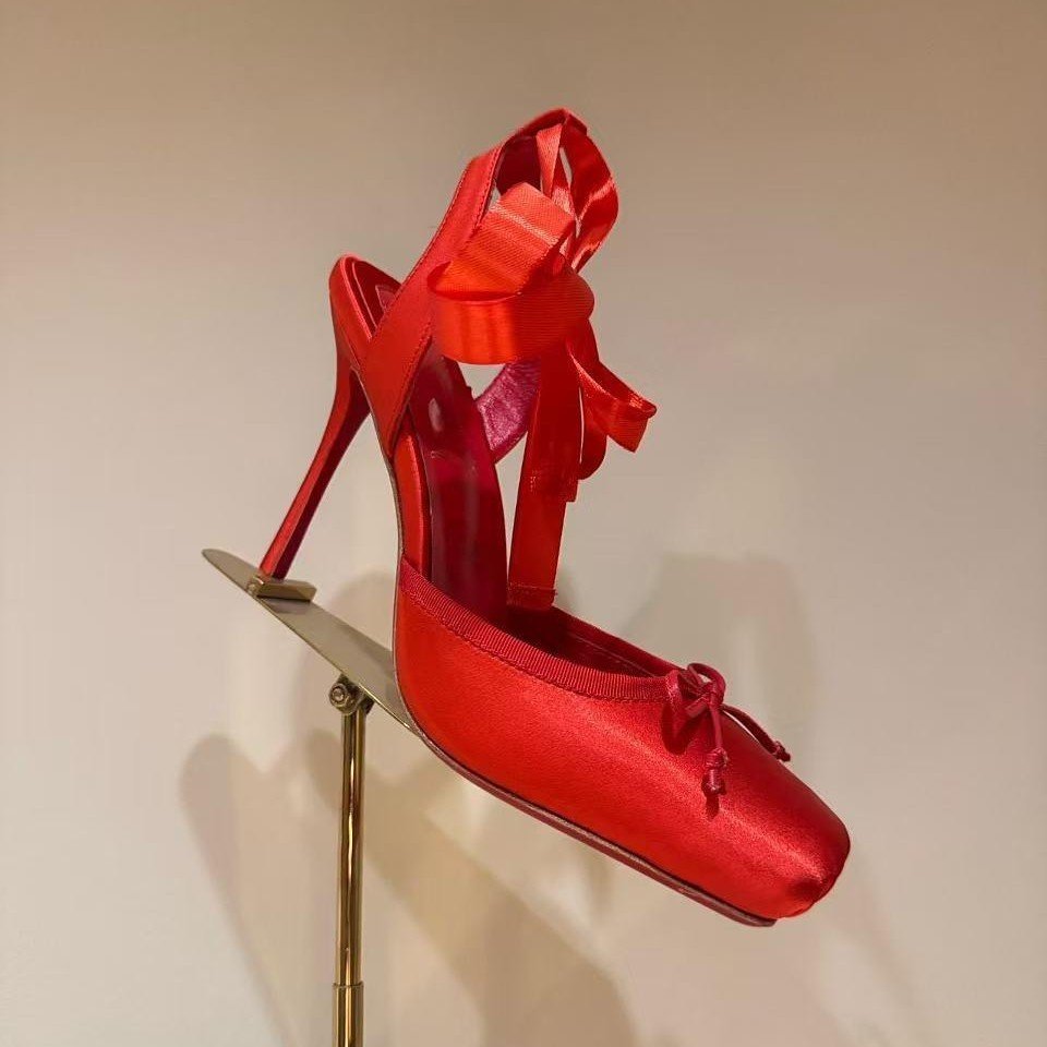 Leather Sole Women's Ballerina High Heel Shoes Fashion Satin Ribbon Toe Cap - Image 6