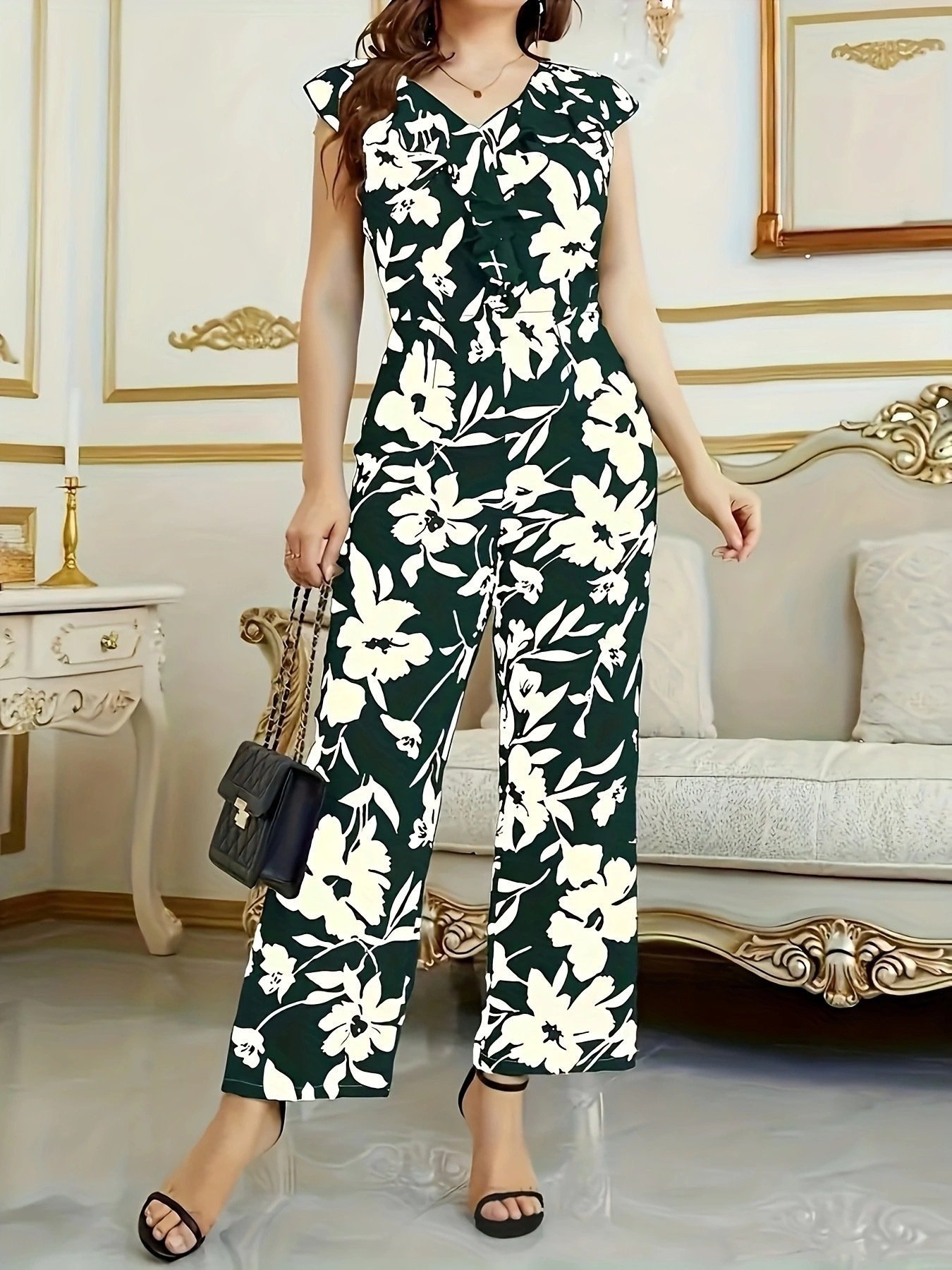Fashion Floral Women's Printed Wear Sleeveless V-neck Pocket Jumpsuit - Image 5