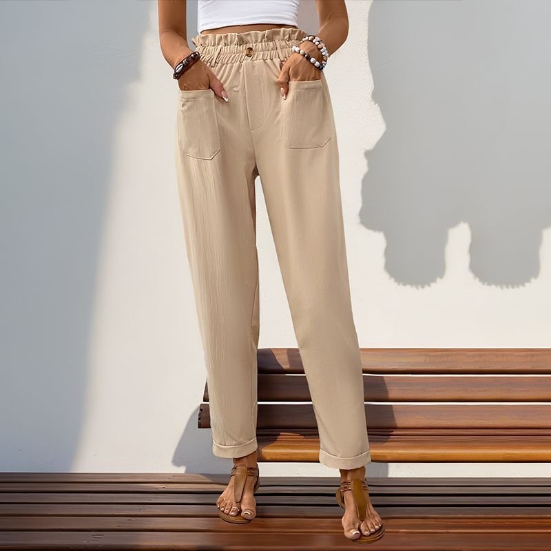 Women's Pants Pocket Elastic Waist Apricot