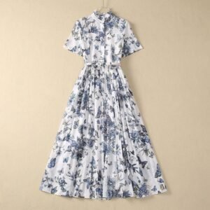 Women’s Stringy Selvedge Stand-up Collar Butterfly Flower Cotton Dress