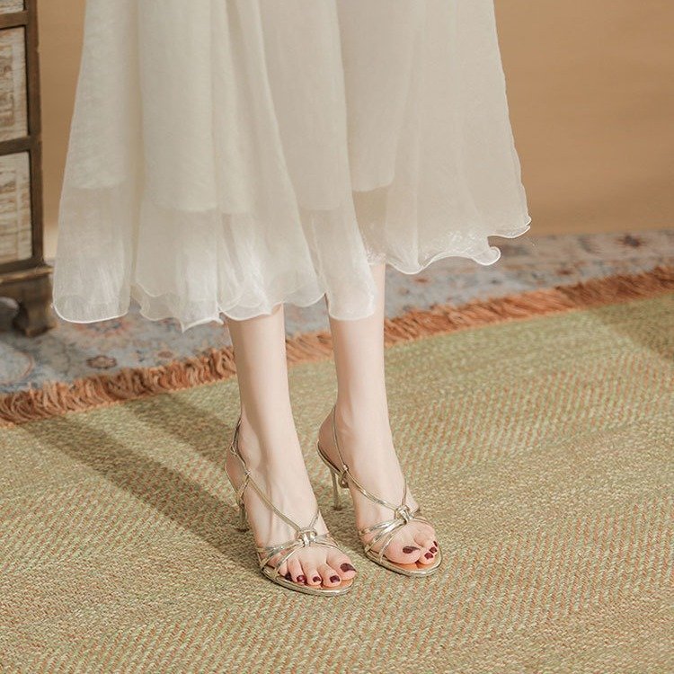 Gold Thin Heel Open Toe Round Toe High Heels - Image 2