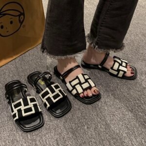 Square Toe Sandals – Women’s Canvas Check Pattern Flats