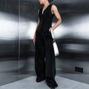 Black Slim V-neck Sleeveless Vest Straight-leg Trousers Suit
