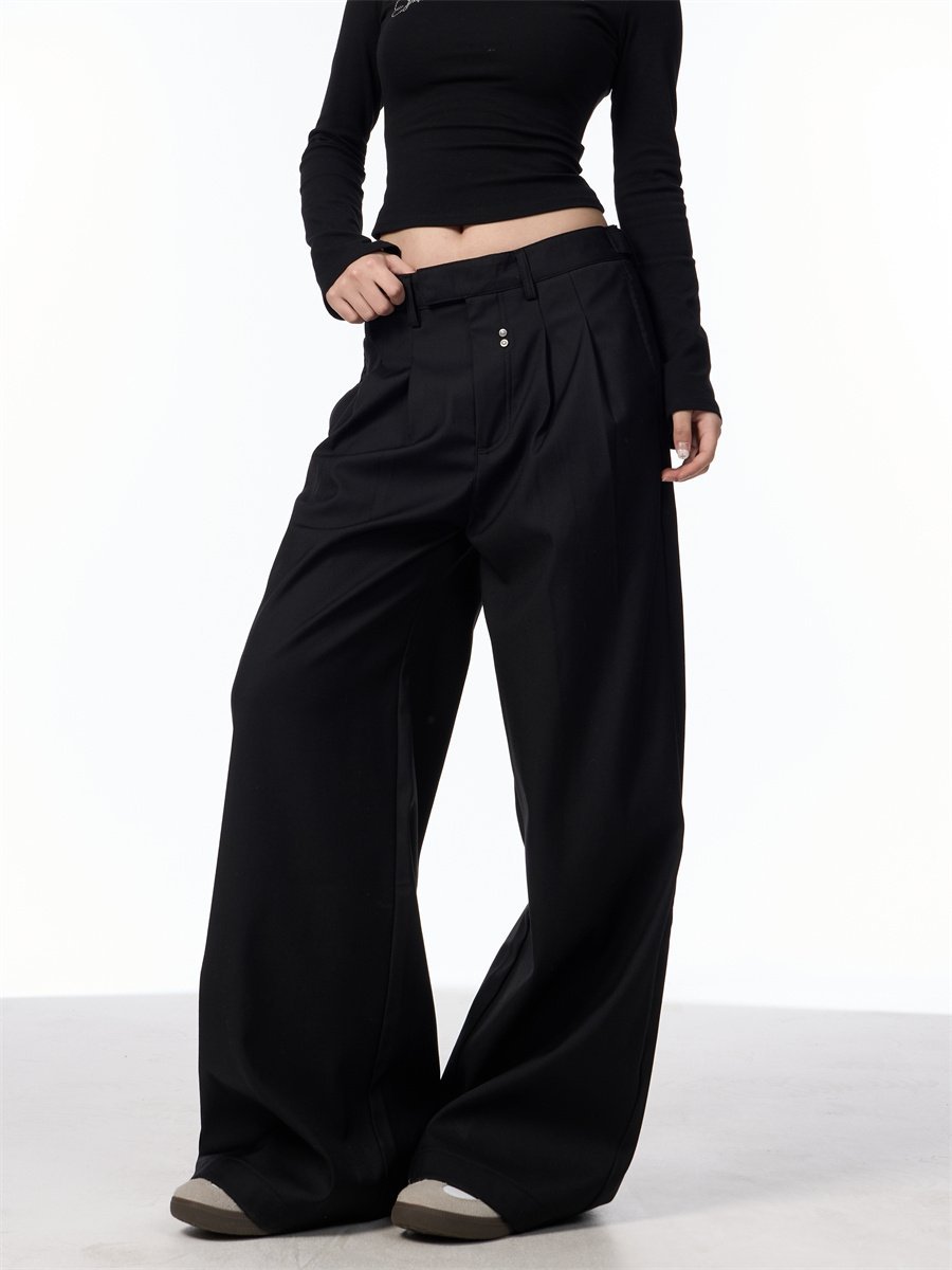 Simple Loose Double Pleated Rivet Draping Casual Suit Pants - Image 5