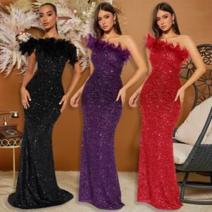 Black Sequin Feather Stitching Sexy Evening Dress for Women