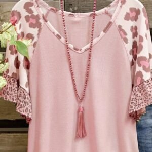 Waffle V-neck Leopard Print Stitching Casual Half Sleeve T-shirt Top