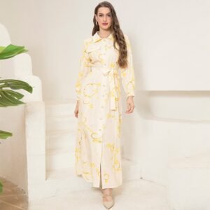 Elegant Lapel Chain Print Long Dress with Belt & Button Closure