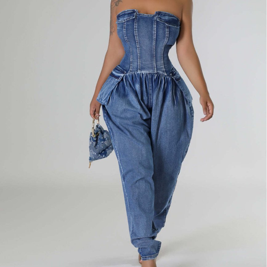 Women's Tube Top High Elastic Fashion Denim Jumpsuit