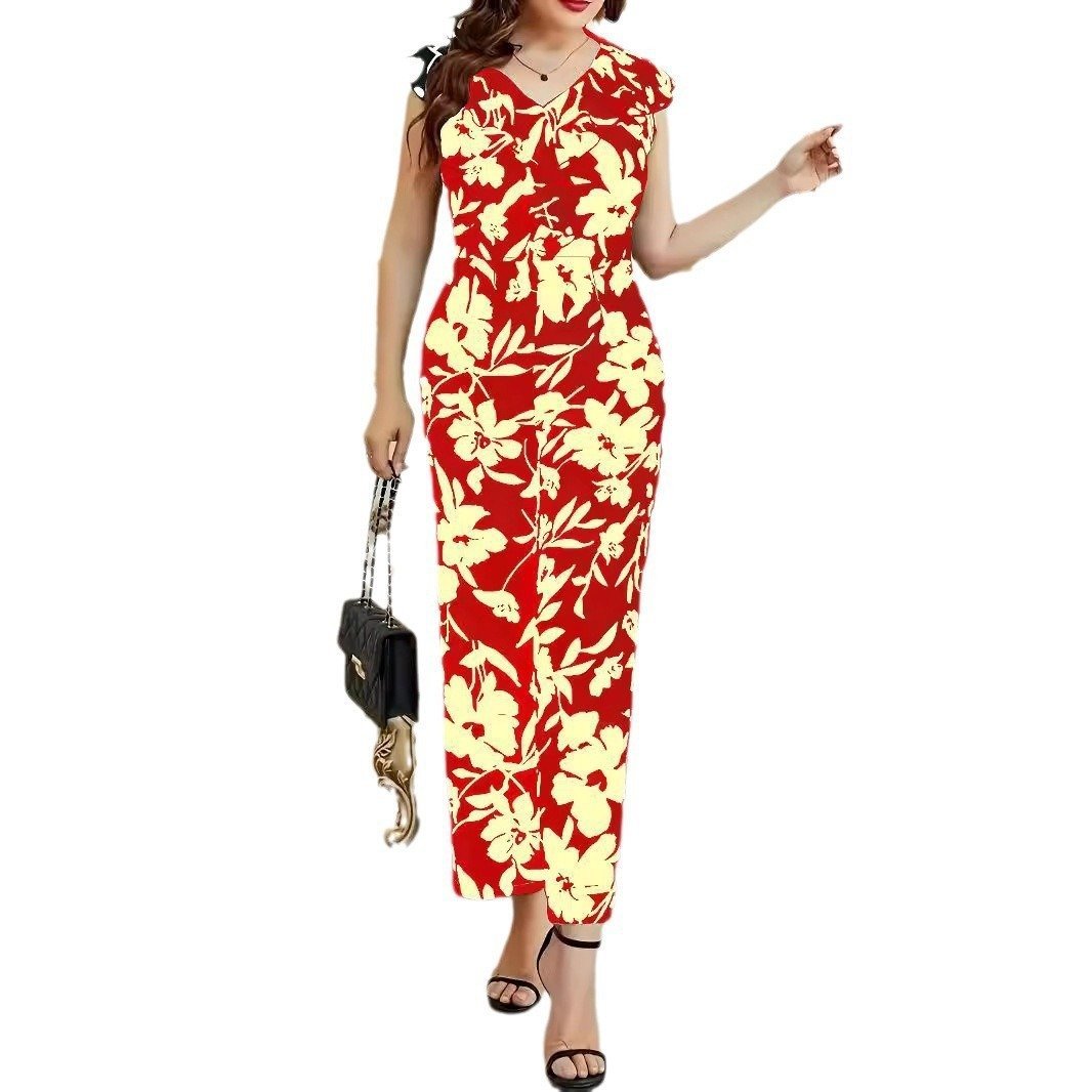 Fashion Floral Women's Printed Wear Sleeveless V-neck Pocket Jumpsuit - Image 4