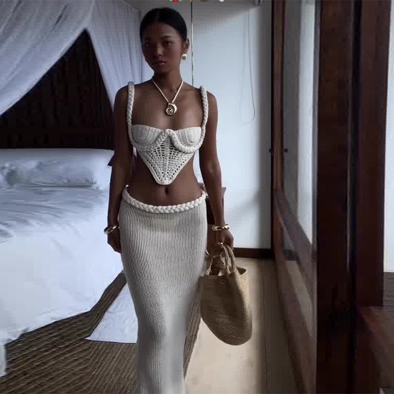 Y2K Crochet Knit 2 Piece Skirt Set Women's Square Collar Camisole Hip Skirt Hollow Out Strapless Tube Top Low Waist Bodycon Maxi Skirts Outfit - Image 5