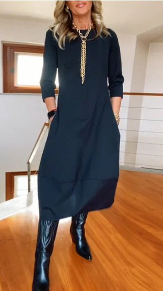 Autumn And Winter New All-matching Solid Color Loose Round-neck Long-sleeved Dress Women - Image 6