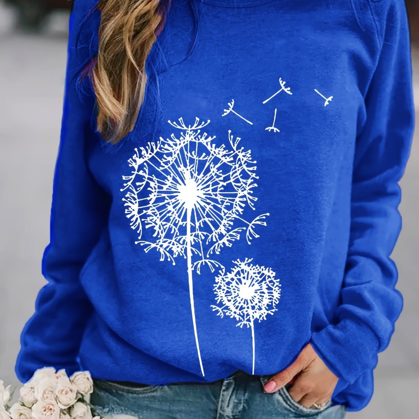 Dandelion Printed Long Sleeve Crew Neck Pullover Sweatshirt - Image 10