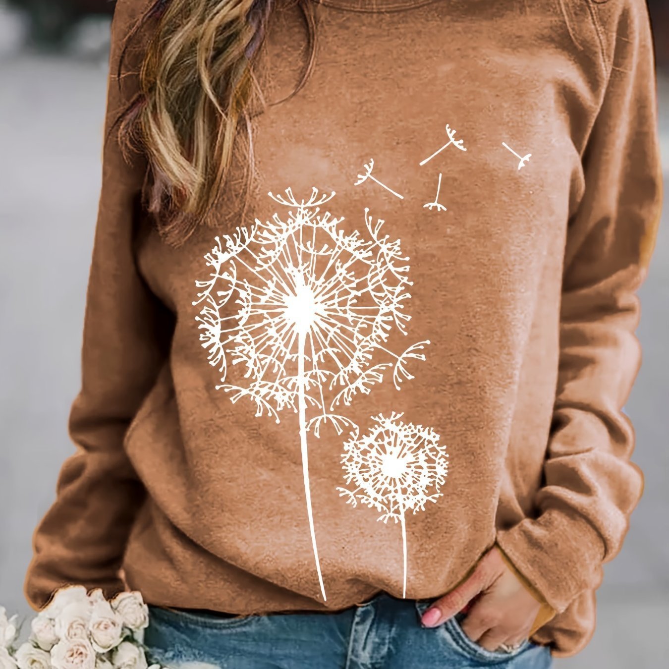 Dandelion Printed Long Sleeve Crew Neck Pullover Sweatshirt - Image 7