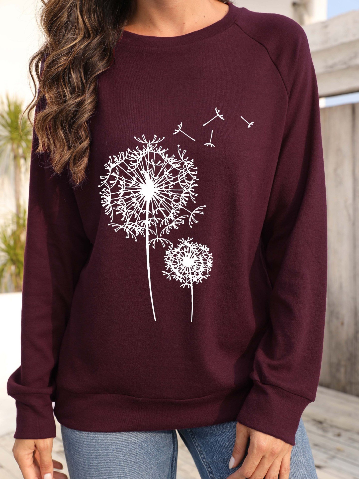 Dandelion Printed Long Sleeve Crew Neck Pullover Sweatshirt - Image 2