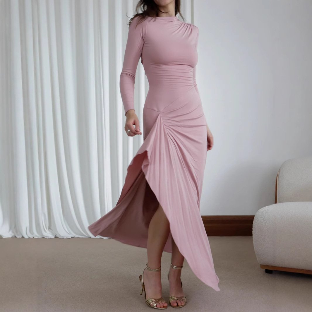 Slim-fitting Long-sleeved Asymmetric Split Dress Ins Fashion Solid Color Long Dresses For Women - Image 5