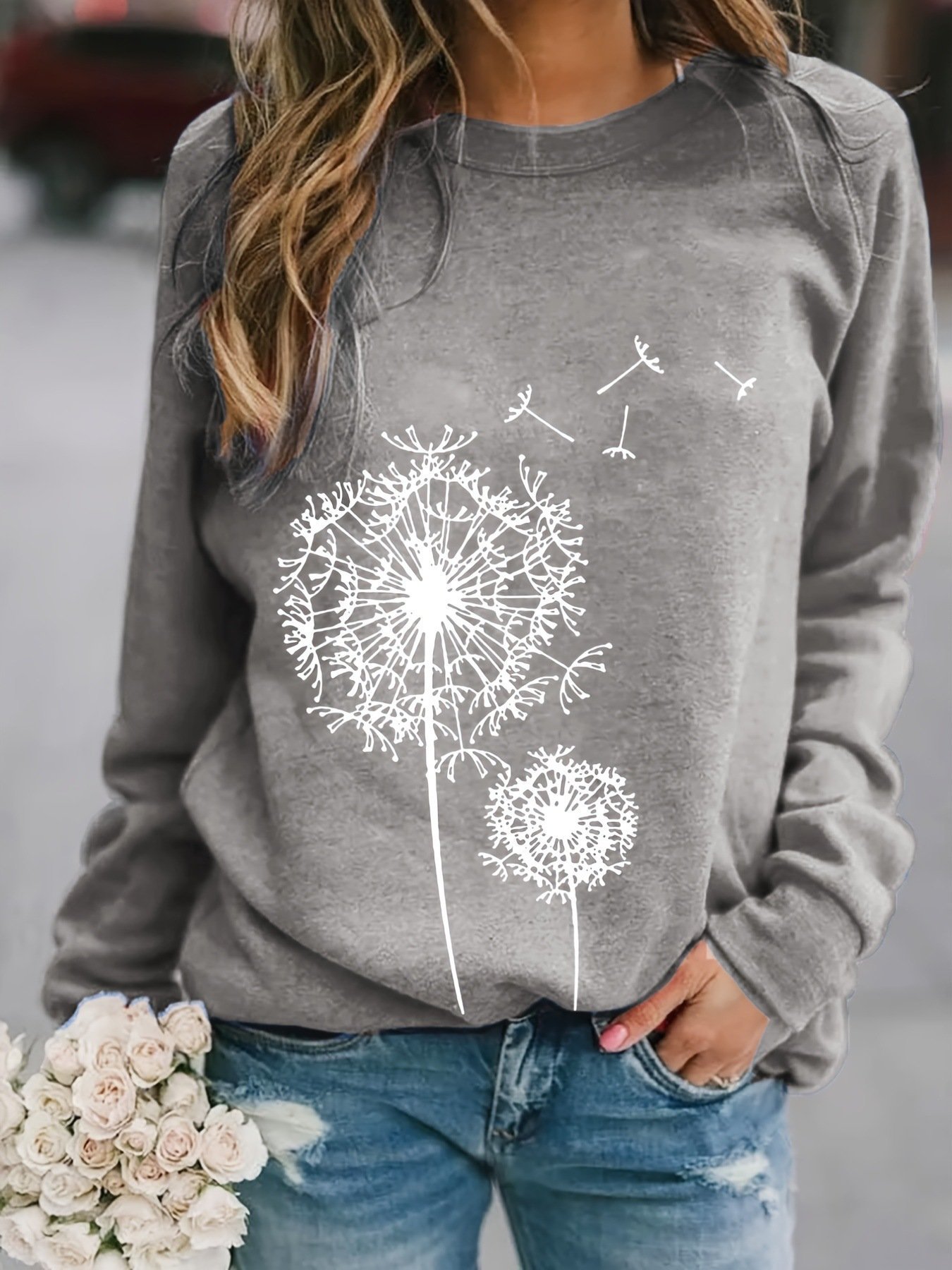 Dandelion Printed Long Sleeve Crew Neck Pullover Sweatshirt - Image 3
