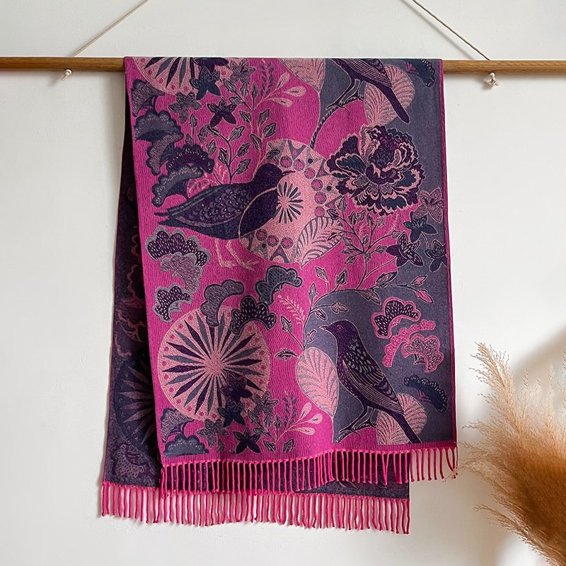 Season Ethnic Birds And Plants Collision Combination Elegant Going Out Cashmere-like Warm Scarf Shawl For Women - Image 5