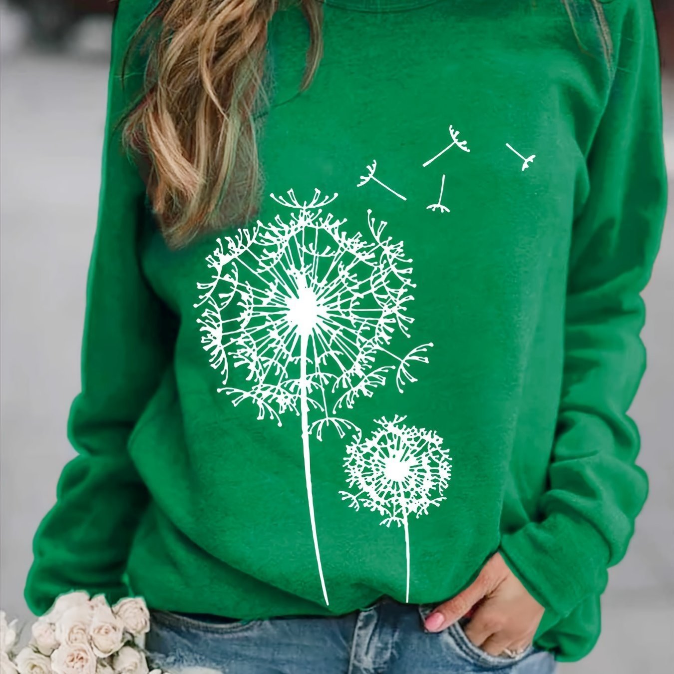 Dandelion Printed Long Sleeve Crew Neck Pullover Sweatshirt - Image 9