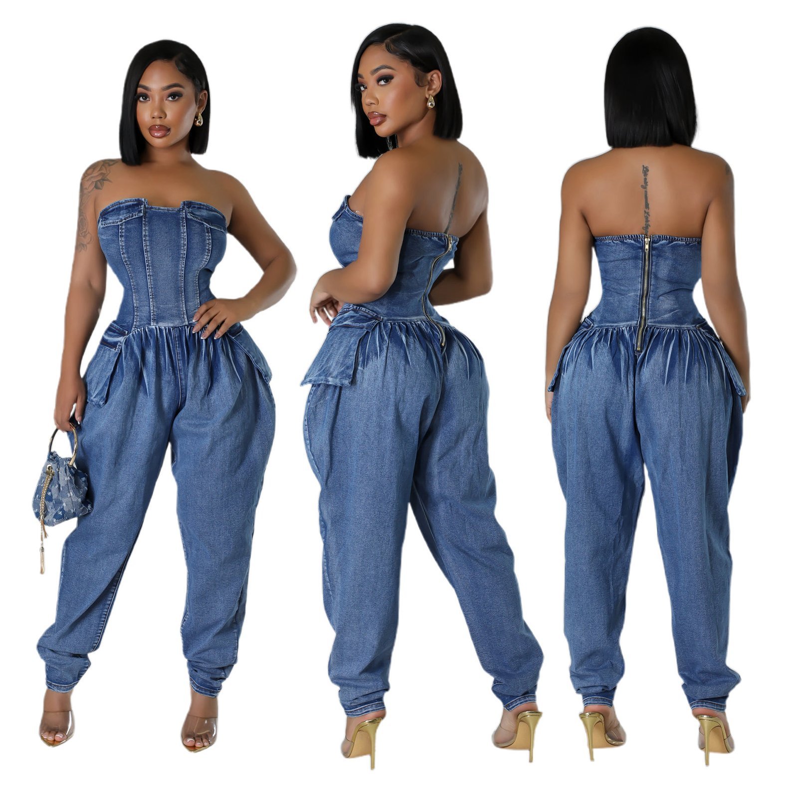 Women's Tube Top High Elastic Fashion Denim Jumpsuit - Image 2