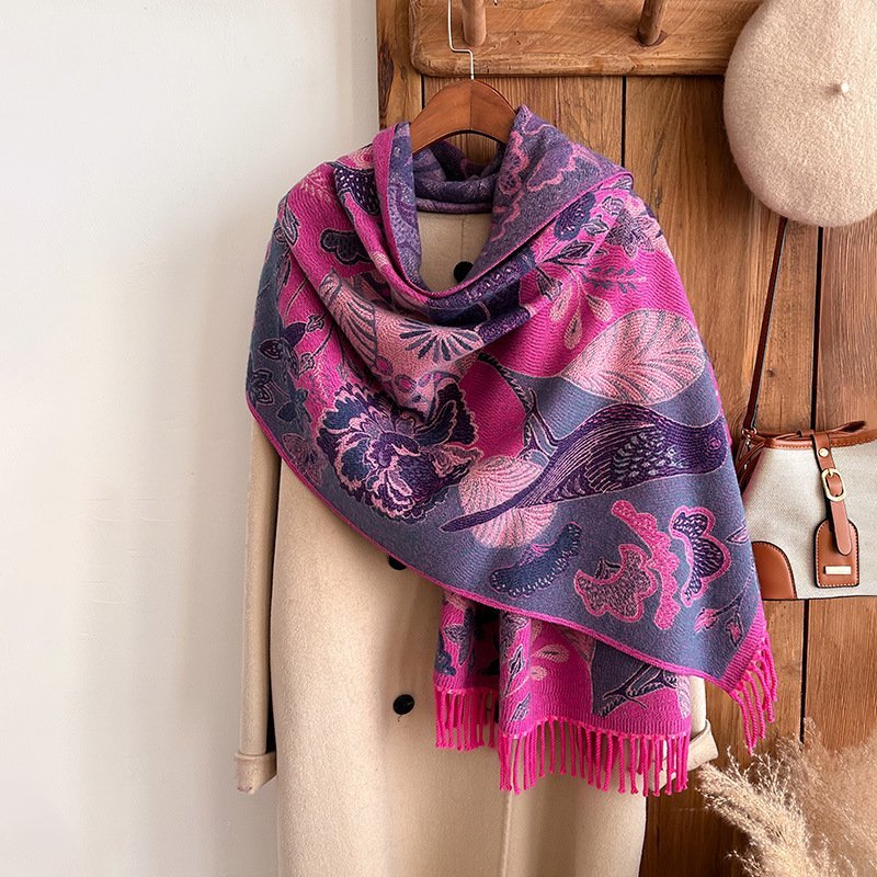 Season Ethnic Birds And Plants Collision Combination Elegant Going Out Cashmere-like Warm Scarf Shawl For Women - Image 2
