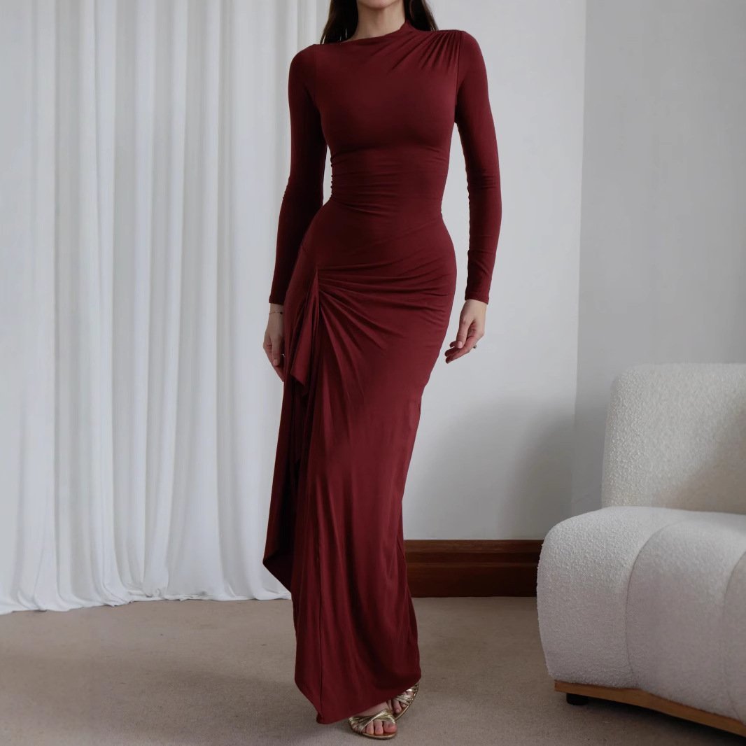 Slim-fitting Long-sleeved Asymmetric Split Dress Ins Fashion Solid Color Long Dresses For Women - Image 6