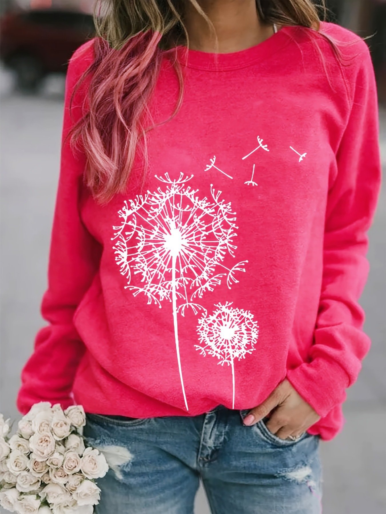 Dandelion Printed Long Sleeve Crew Neck Pullover Sweatshirt - Image 5