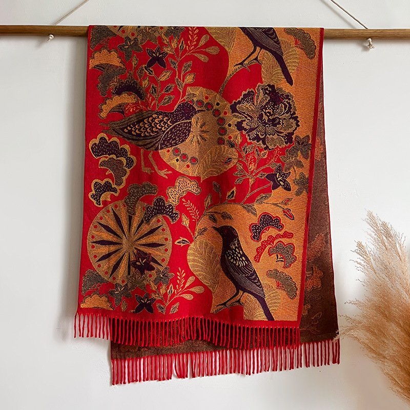 Season Ethnic Birds And Plants Collision Combination Elegant Going Out Cashmere-like Warm Scarf Shawl For Women - Image 6