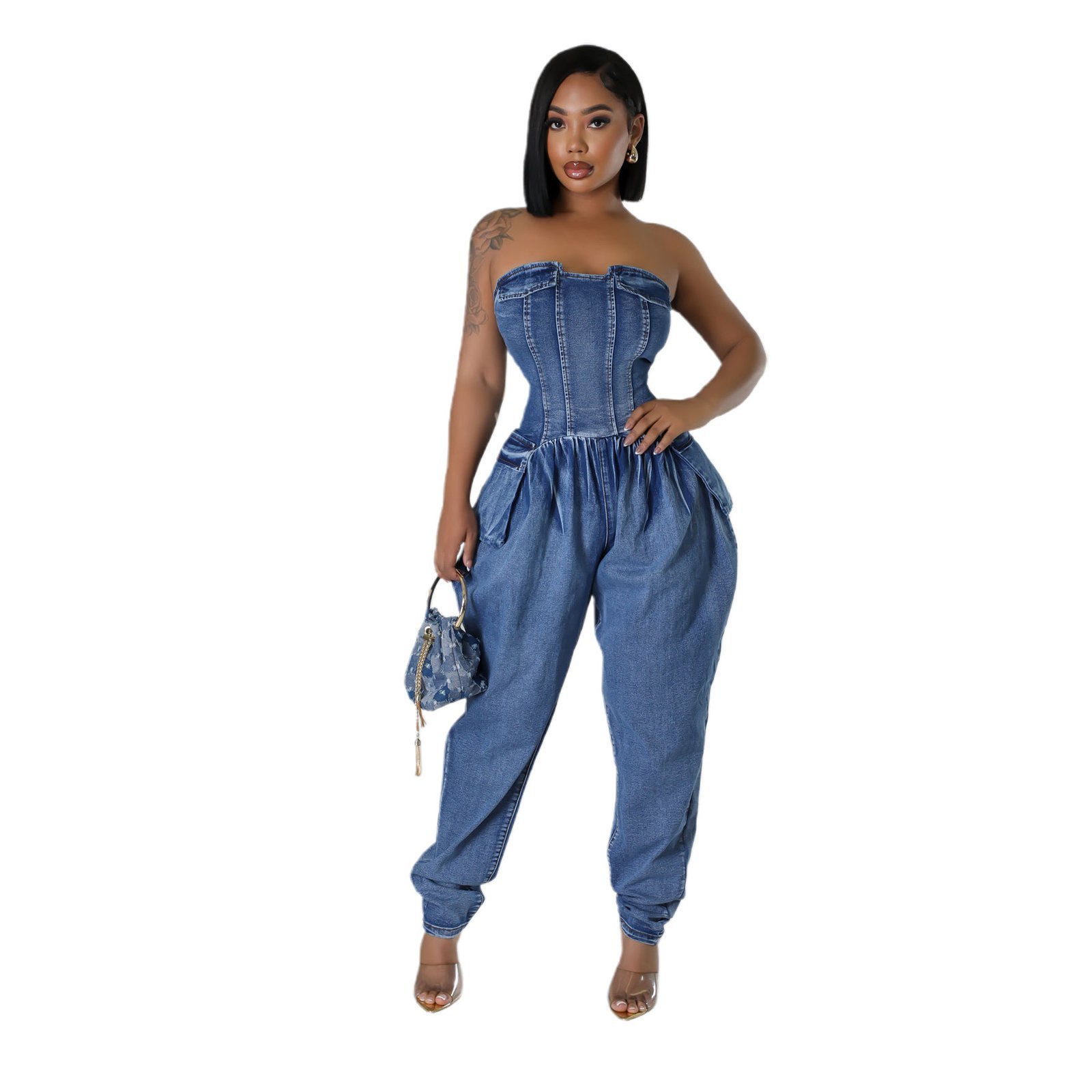 Women's Tube Top High Elastic Fashion Denim Jumpsuit - Image 3