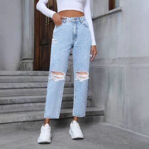 Women's Casual Loose Straight Ripped Denim Trousers