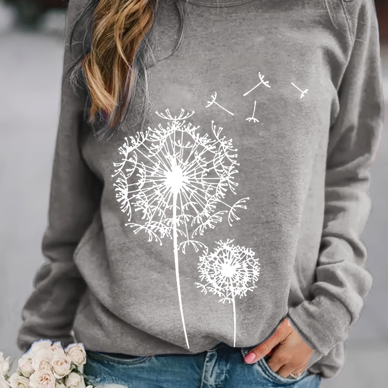 Dandelion Printed Long Sleeve Crew Neck Pullover Sweatshirt - Image 8